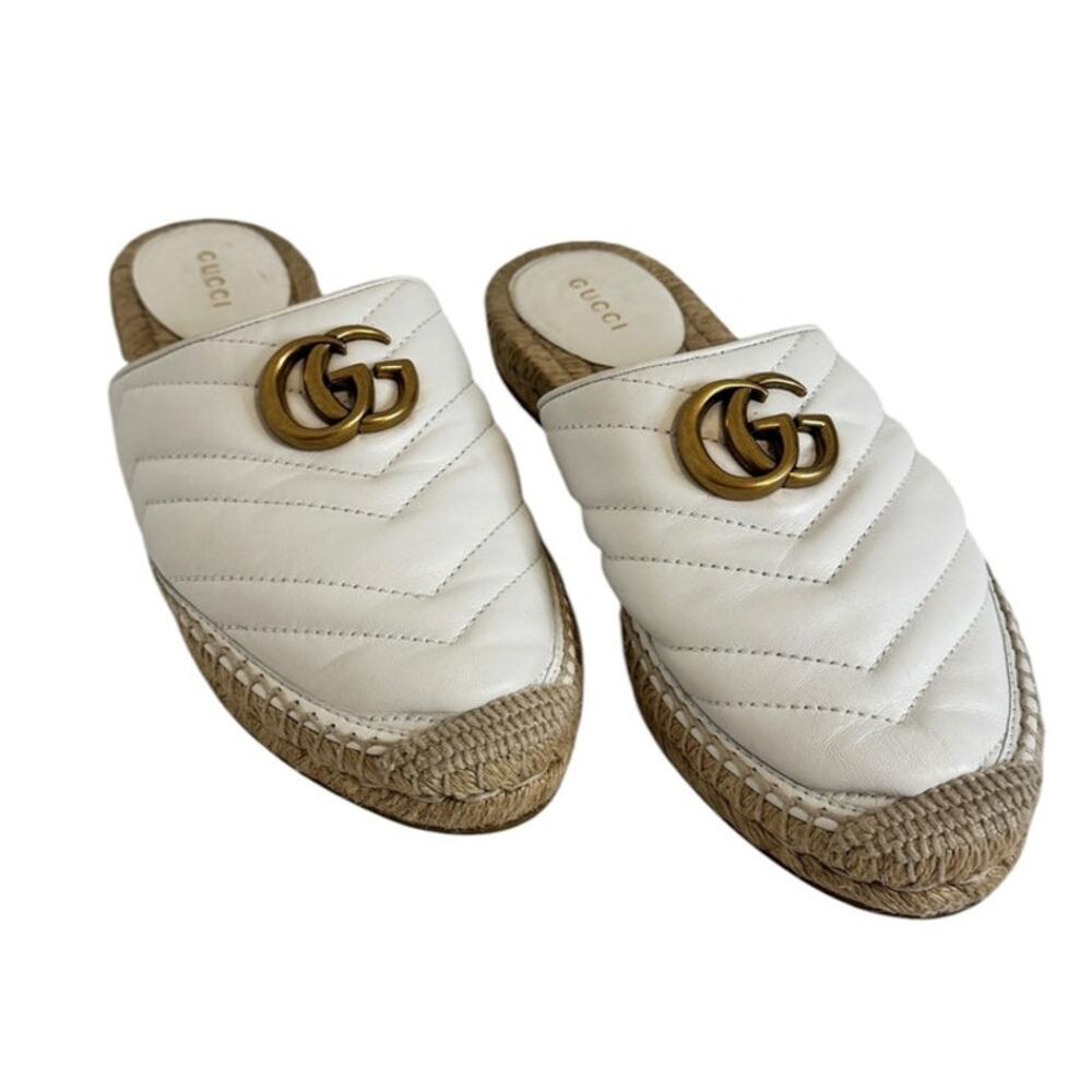 Gucci GG Marmont Matelassé White Leather Espadrille Mules Slides 37.5